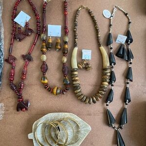 Vintage lot of necklace sets with earrings and brass bangles with inscription
